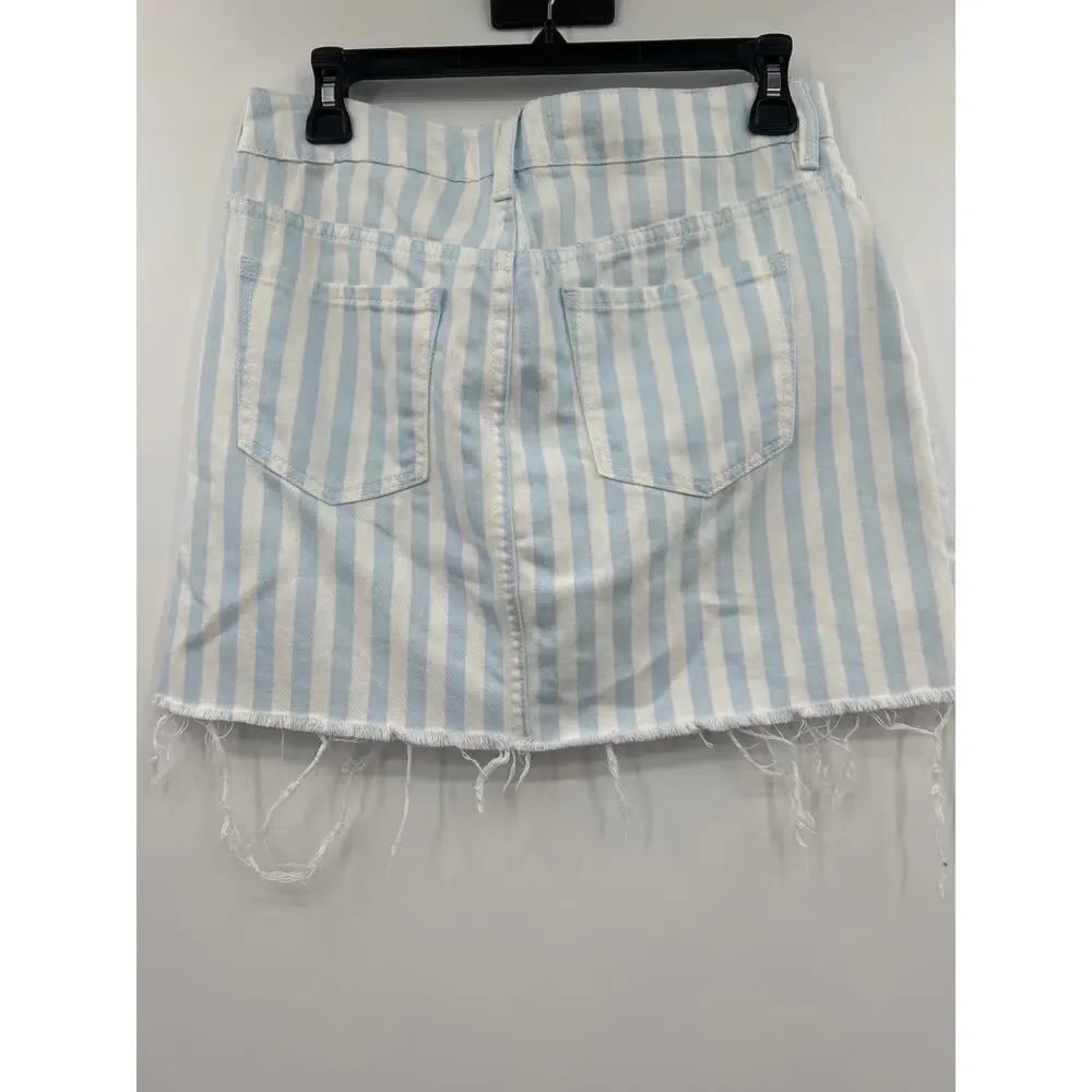 PacSun Striped Denim Mini Skirt Size 27 Blue White 100% Cotton Raw Hem Beachy
